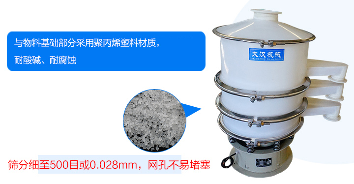 耐強(qiáng)酸、強(qiáng)堿腐蝕、物料不易變質(zhì)、不堵網(wǎng)、篩分效率高、使用壽命長(zhǎng)