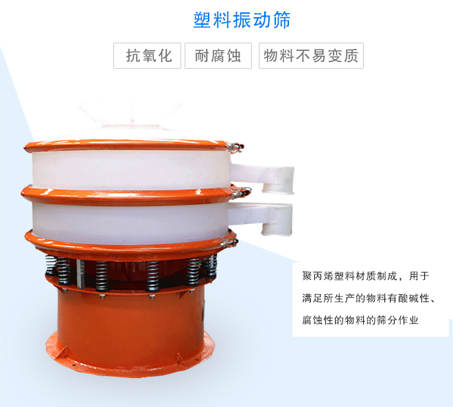 塑料振動篩是采用聚丙烯材料制成的,可以用于酸堿性,腐蝕性物料的篩分作業